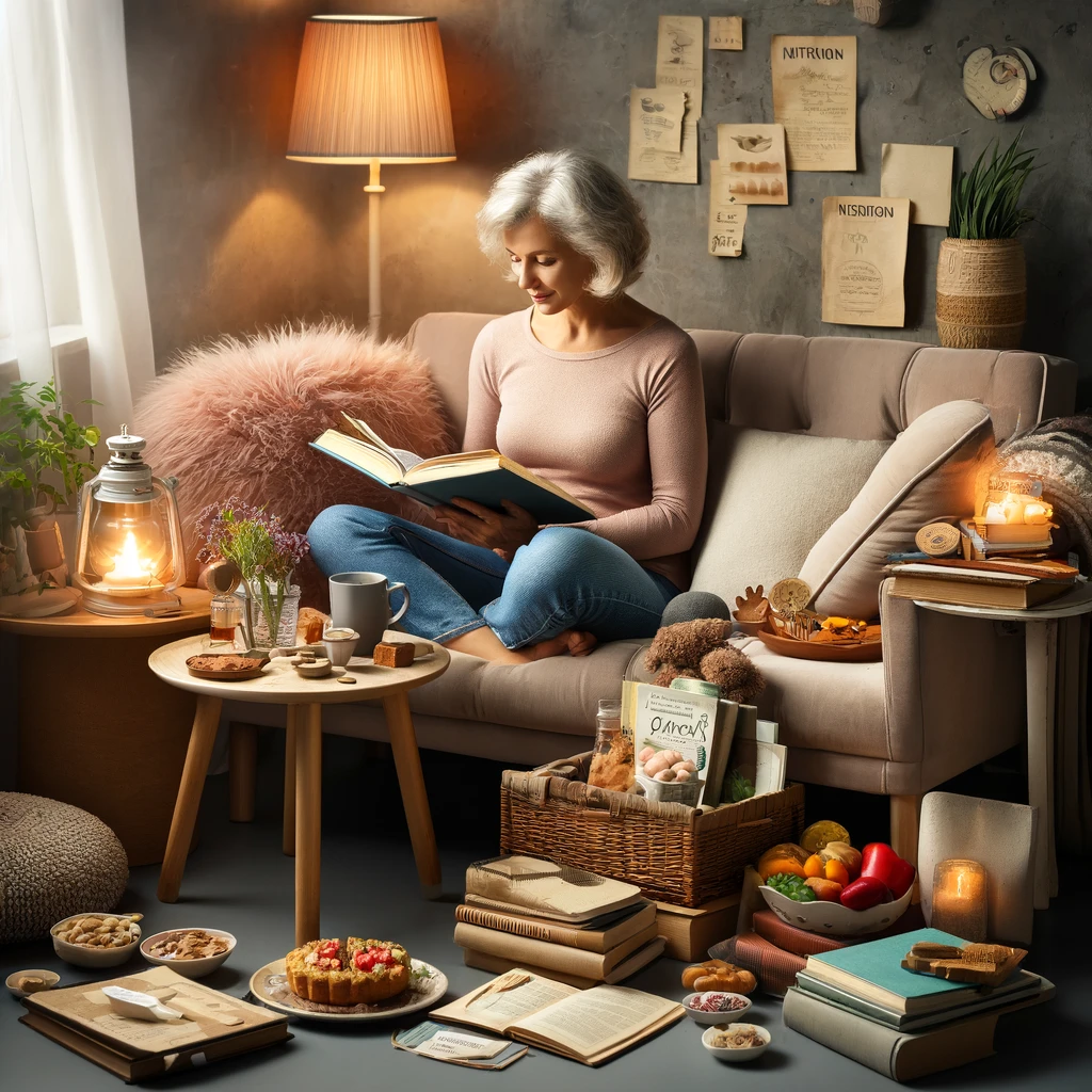  A serene and inviting reading nook where a woman over 50 is surrounded by books and notes on nutrition, healthy eating, and meal planning. This scene emphasizes the importance of education and personal growth in maintaining a healthy lifestyle for weight loss.