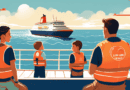 An illustrated safety guide featuring a family wearing life jackets and attentively listening to a crew member's safety demonstration on a sunny cruise ship deck, with calm sea and lifeboats in the background.