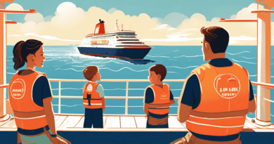 An illustrated safety guide featuring a family wearing life jackets and attentively listening to a crew member's safety demonstration on a sunny cruise ship deck, with calm sea and lifeboats in the background.