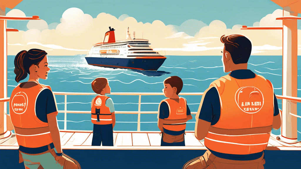 An illustrated safety guide featuring a family wearing life jackets and attentively listening to a crew member's safety demonstration on a sunny cruise ship deck, with calm sea and lifeboats in the background.