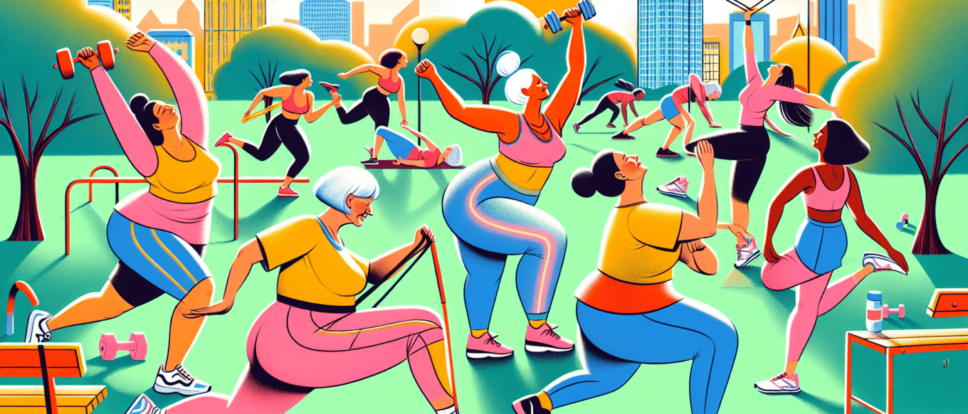 An illustration of a diverse group of joyful women over 50 happily engaging in different exercises like yoga, strength training, and jogging in a sunny park, showcasing vitality and healthy aging.