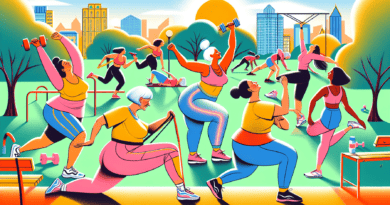 An illustration of a diverse group of joyful women over 50 happily engaging in different exercises like yoga, strength training, and jogging in a sunny park, showcasing vitality and healthy aging.