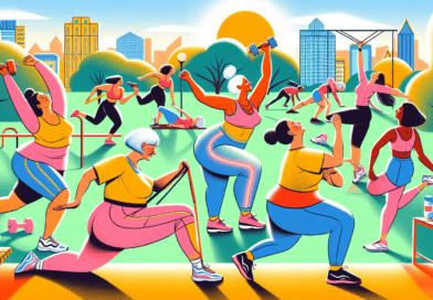 An illustration of a diverse group of joyful women over 50 happily engaging in different exercises like yoga, strength training, and jogging in a sunny park, showcasing vitality and healthy aging.