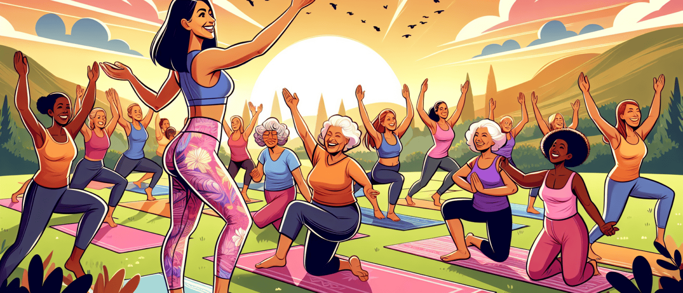 A digital illustration of a vibrant, motivational fitness class led by a fit, middle-aged female instructor, with a diverse group of joyful women over 50 actively participating in an outdoor yoga session at sunset, surrounded by serene nature.