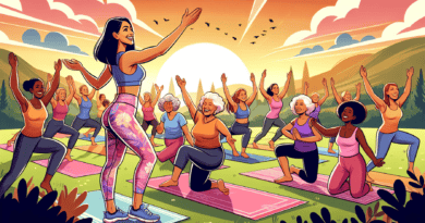 A digital illustration of a vibrant, motivational fitness class led by a fit, middle-aged female instructor, with a diverse group of joyful women over 50 actively participating in an outdoor yoga session at sunset, surrounded by serene nature.