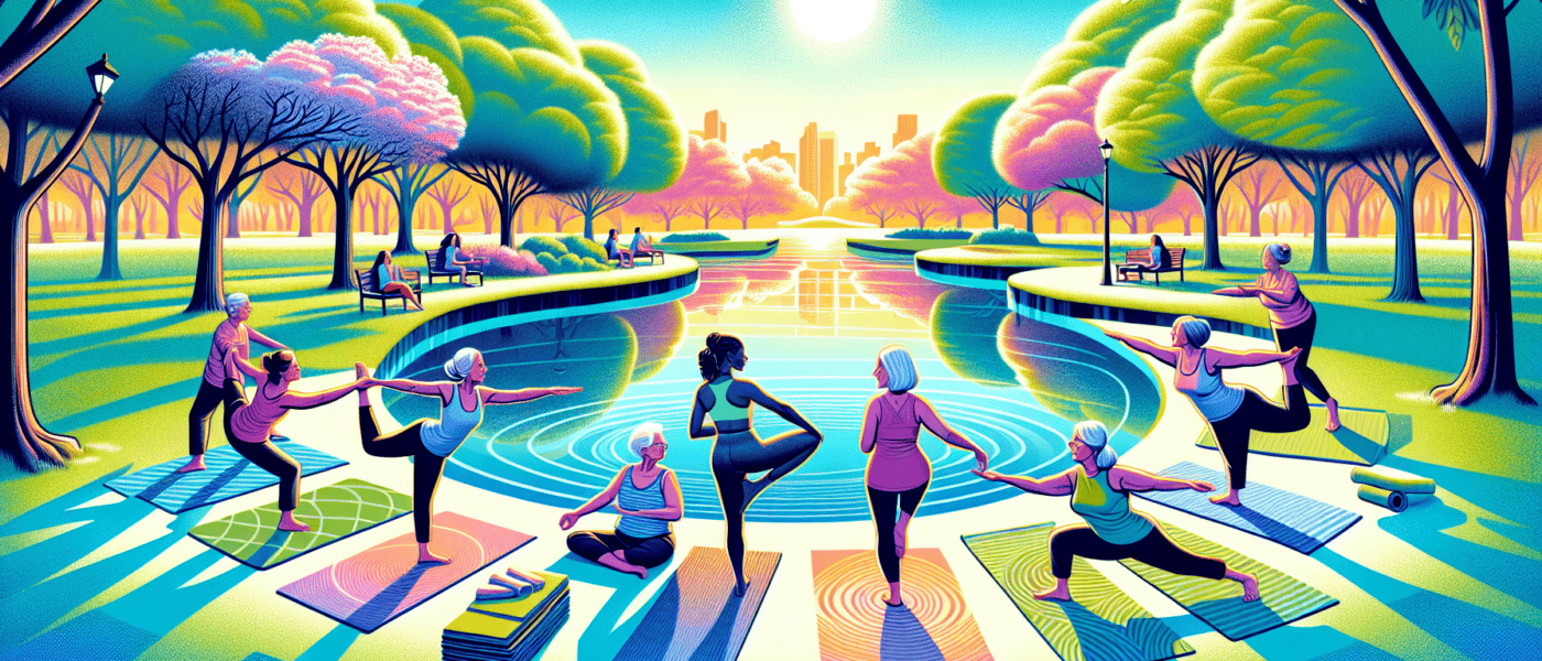 An illustration of a serene outdoor yoga class, featuring a diverse group of women over 50 practicing various yoga poses on mats, surrounded by a tranquil park setting with trees and a small pond, under a clear morning sky.