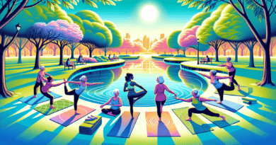 An illustration of a serene outdoor yoga class, featuring a diverse group of women over 50 practicing various yoga poses on mats, surrounded by a tranquil park setting with trees and a small pond, under a clear morning sky.