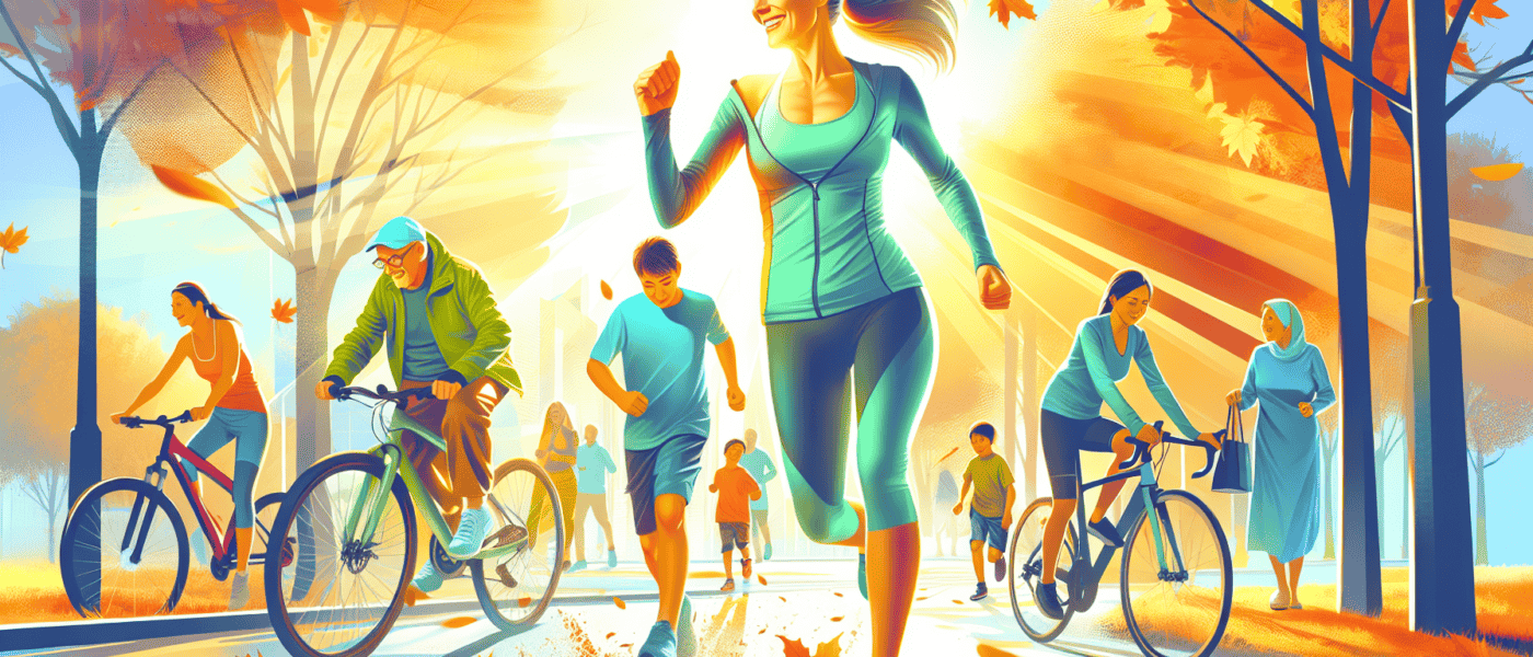 An energetic woman in her fifties, wearing fitness attire, is cheerfully jogging in a sunlit park, surrounded by autumn leaves, with people of various ages biking and walking in the background. Visual style should be bright and uplifting, emphasizing health and activity.