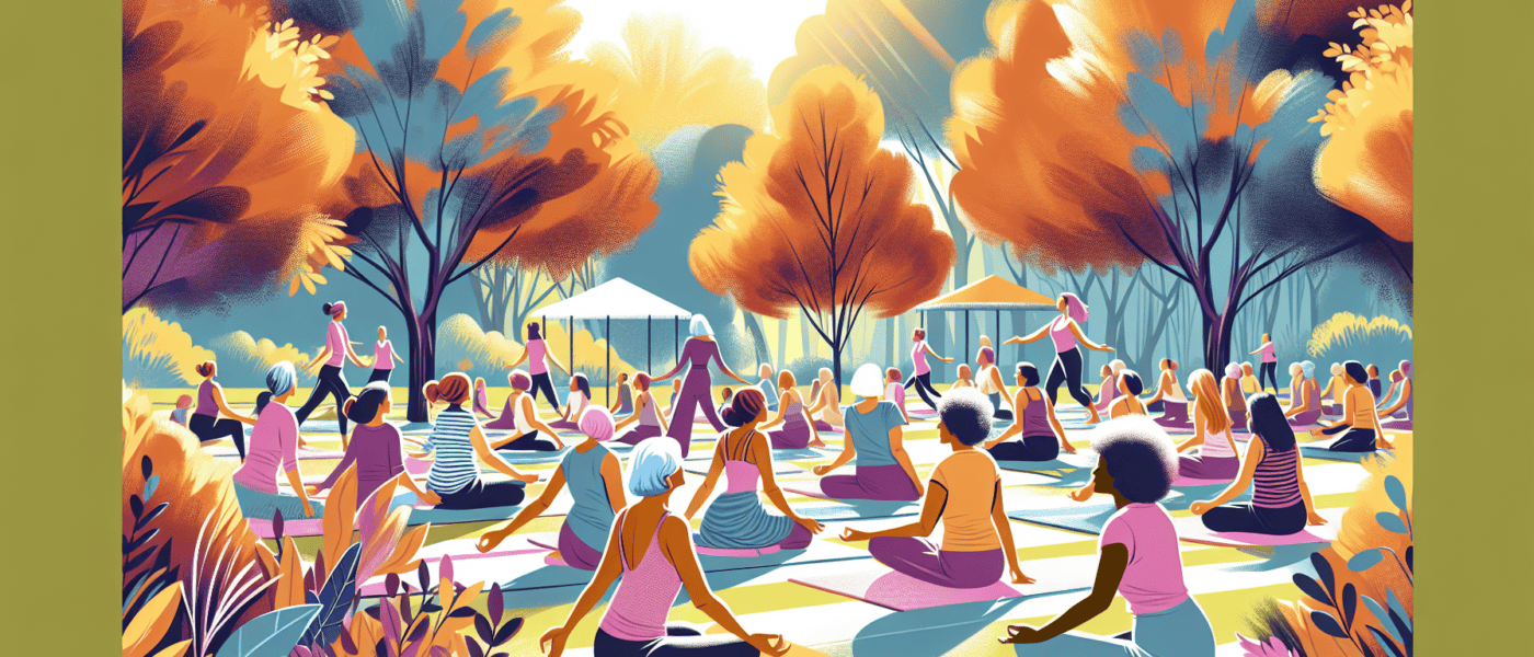 An energetic group of women over 50, diverse in race, enjoying a yoga class in a sunny, tranquil park, surrounded by autumn-colored trees.