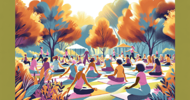 An energetic group of women over 50, diverse in race, enjoying a yoga class in a sunny, tranquil park, surrounded by autumn-colored trees.