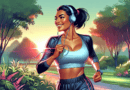 Digital artwork of a vibrant 50-year-old woman with a radiant smile, jogging through a lush park at sunrise, wearing stylish sportswear and wireless headphones, embodying vitality and joy.