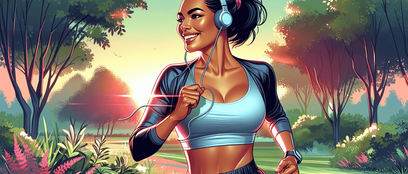 Digital artwork of a vibrant 50-year-old woman with a radiant smile, jogging through a lush park at sunrise, wearing stylish sportswear and wireless headphones, embodying vitality and joy.