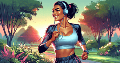 Digital artwork of a vibrant 50-year-old woman with a radiant smile, jogging through a lush park at sunrise, wearing stylish sportswear and wireless headphones, embodying vitality and joy.