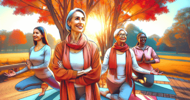 An energetic group of women over 50, diverse in race, enjoying a yoga class in a sunny, tranquil park, surrounded by autumn-colored trees.