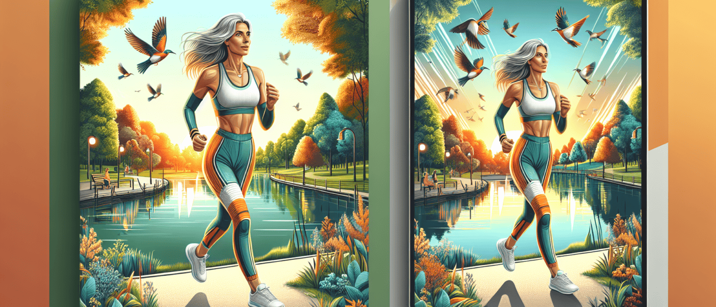 An energetic woman in her 50s with grey hair, wearing stylish sportswear, jogging in a lush green park during the golden hour, with a serene lake in the background and birds flying overhead.