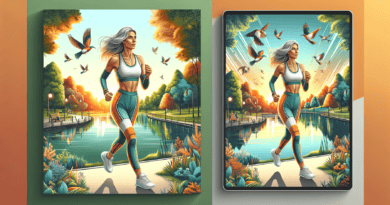 An energetic woman in her 50s with grey hair, wearing stylish sportswear, jogging in a lush green park during the golden hour, with a serene lake in the background and birds flying overhead.