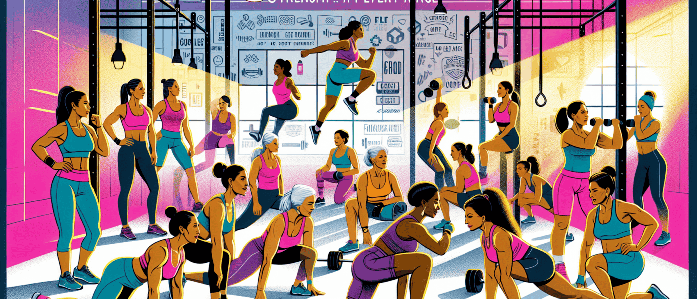 An energetic group of women over 50 participating in a CrossFit session, lifting weights and doing exercises in a brightly lit gym, showcasing strength and vitality, with a motivational banner in the background that reads 'Strength at Every Age'.