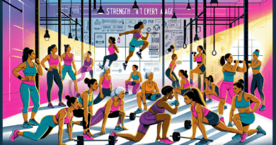 An energetic group of women over 50 participating in a CrossFit session, lifting weights and doing exercises in a brightly lit gym, showcasing strength and vitality, with a motivational banner in the background that reads 'Strength at Every Age'.