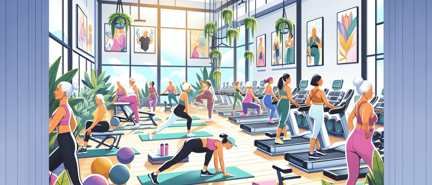 An inviting and comfortable gym tailored for women over 50, featuring ergonomic equipment, gentle yoga classes, and a supportive community atmosphere, with mature women engaging in various fitness activities like strength training, Pilates, and light cardio, all in a brightly lit, modern facility adorned with plants and motivational posters.