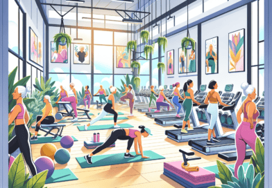 An inviting and comfortable gym tailored for women over 50, featuring ergonomic equipment, gentle yoga classes, and a supportive community atmosphere, with mature women engaging in various fitness activities like strength training, Pilates, and light cardio, all in a brightly lit, modern facility adorned with plants and motivational posters.