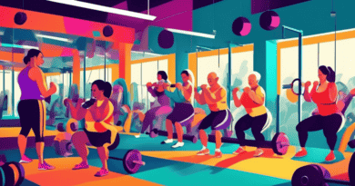 A vibrant gym setting where diverse individuals are engaging in weight-bearing exercises such as squats, lunges, and deadlifts, all focusing on building bone density. Highlight the strength and determ