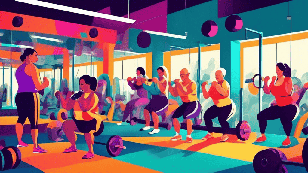 A vibrant gym setting where diverse individuals are engaging in weight-bearing exercises such as squats, lunges, and deadlifts, all focusing on building bone density. Highlight the strength and determ