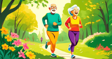 A cheerful elderly man and woman in their golden years, dressed in colorful jogging outfits, enjoying a scenic run in a lush green park. They exude vitality and happiness, with the sun casting a warm