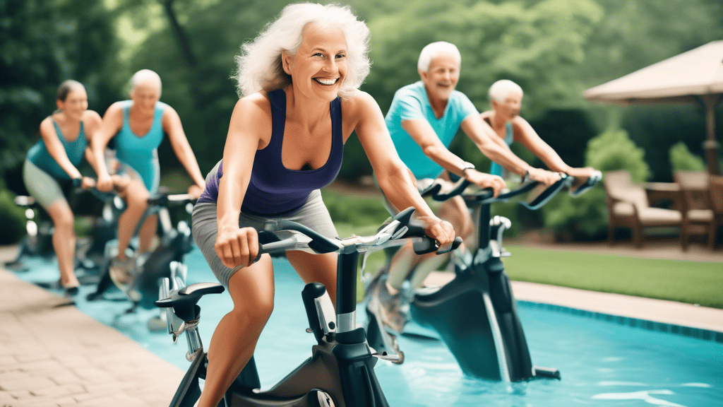 Create an image showcasing individuals engaging in low-impact cardio workouts such as swimming, cycling on stationary bikes, walking on scenic trails, and practicing aqua aerobics in a pool. The scene