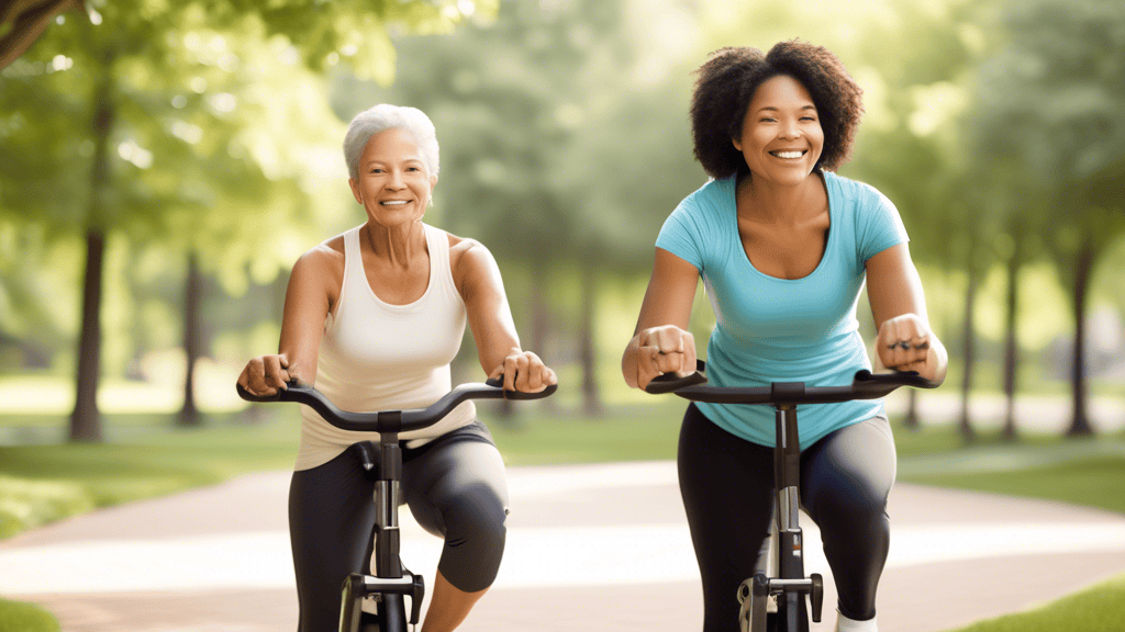 Create an image that depicts various low-impact cardio workouts designed to protect joints. Feature diverse individuals engaging in activities such as brisk walking, cycling on a stationary bike, swim