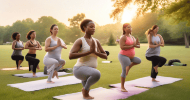 Create an image that depicts a serene, outdoor fitness setting where individuals are engaging in various physical activities like yoga, tai chi, and jogging, while seamlessly incorporating meditation