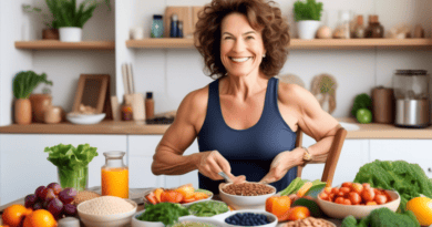 Create an image depicting a middle-aged woman maintaining her muscle health after menopause. She is at a cozy kitchen table, smiling and preparing a colorful plate of nutritious foods including leafy