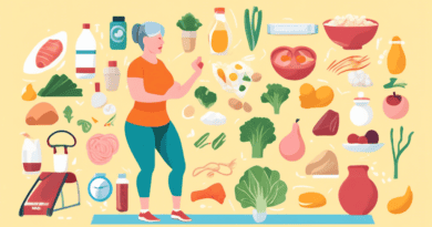 Create an illustration of a post-menopausal woman engaging in healthy activities and consuming balanced meals. Include foods rich in protein, vitamins, and minerals like lean meats, eggs, fish, nuts,