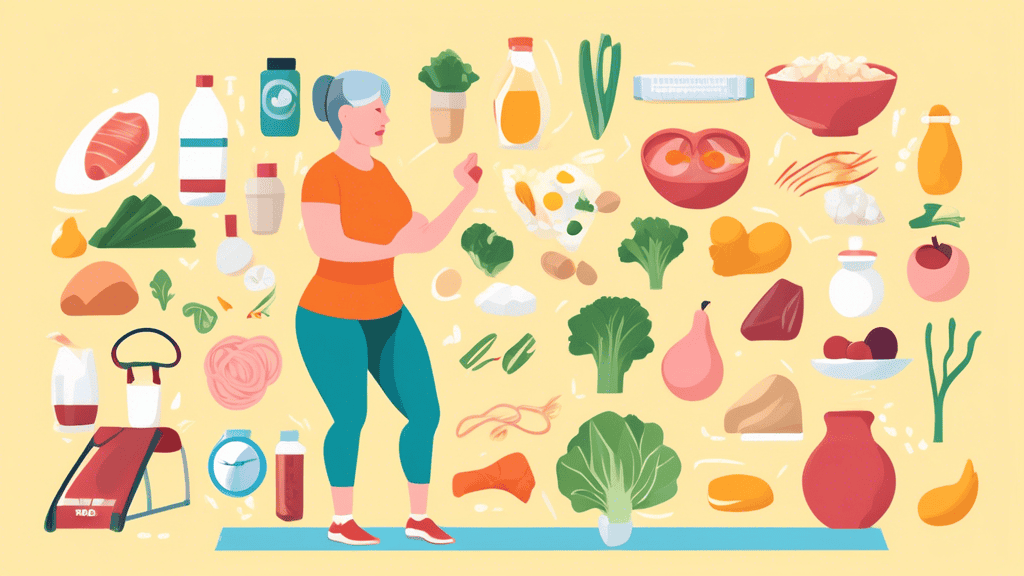 Create an illustration of a post-menopausal woman engaging in healthy activities and consuming balanced meals. Include foods rich in protein, vitamins, and minerals like lean meats, eggs, fish, nuts,