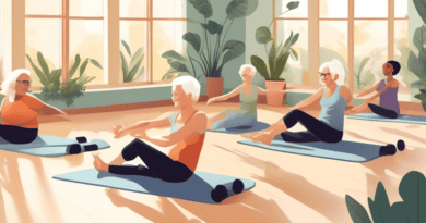 Create a detailed illustration of a diverse group of people, ranging from teenagers to senior citizens, engaging in Pilates exercises in a bright, serene studio. The participants should be shown perfo