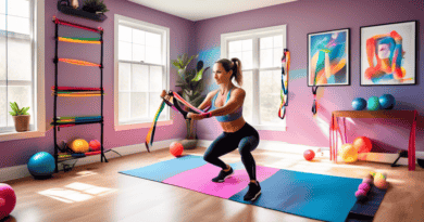 A vibrant home gym setting with colorful resistance bands in use; a person performing various workouts including squats, lunges, and arm exercises, showcasing the versatility and effectiveness of resi