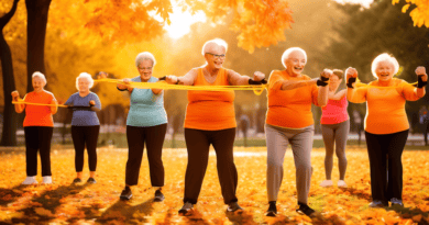 A lively scene of senior citizens engaged in strength training at an outdoor park, using resistance bands, free weights, and bodyweight exercises. The atmosphere is vibrant and joyful, with a golden s