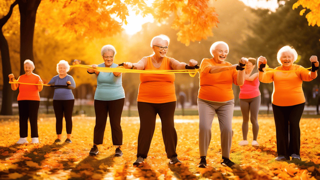 A lively scene of senior citizens engaged in strength training at an outdoor park, using resistance bands, free weights, and bodyweight exercises. The atmosphere is vibrant and joyful, with a golden s