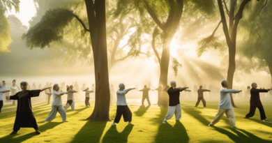 Create an image depicting a peaceful outdoor scene in a lush green park during a calm, misty morning. In the foreground, a diverse group of people of varying ages practice Tai Chi, each striking elega