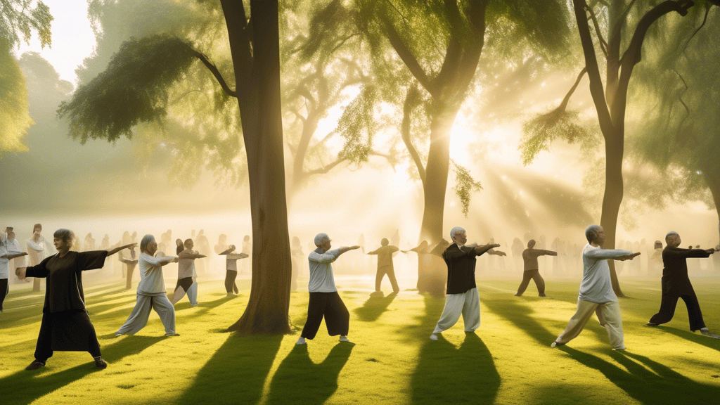 Create an image depicting a peaceful outdoor scene in a lush green park during a calm, misty morning. In the foreground, a diverse group of people of varying ages practice Tai Chi, each striking elega