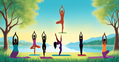 An artistic depiction of individuals performing various yoga poses, such as Tree Pose, Warrior III, and Downward Dog, in a serene outdoor setting. The background includes a clear blue sky, lush green