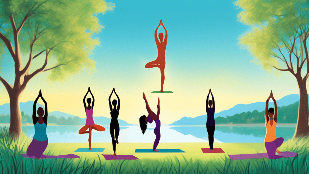 An artistic depiction of individuals performing various yoga poses, such as Tree Pose, Warrior III, and Downward Dog, in a serene outdoor setting. The background includes a clear blue sky, lush green