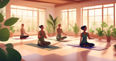 Illustrate a serene yoga studio with soft, ambient lighting and green plants. In the foreground, show a diverse group of people in various yoga poses that specifically target balance and flexibility,