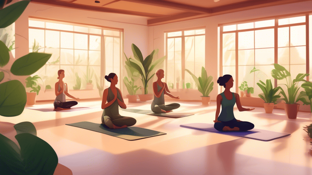 Illustrate a serene yoga studio with soft, ambient lighting and green plants. In the foreground, show a diverse group of people in various yoga poses that specifically target balance and flexibility,