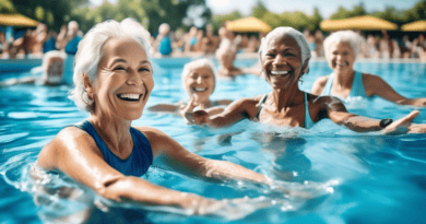 Create an image of people performing aqua aerobics in a clear, blue swimming pool. Show a diverse group of individuals of various ages and fitness levels, all enjoying the exercise and smiling. Highli