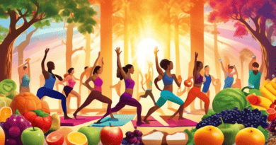 A vibrant and dynamic scene showcasing a diverse group of people engaging in various forms of exercise such as yoga, running, and weight lifting alongside an array of colorful, healthy foods like frui