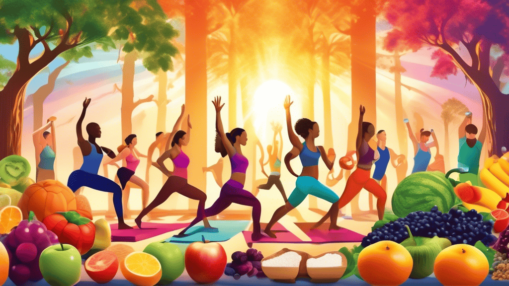 A vibrant and dynamic scene showcasing a diverse group of people engaging in various forms of exercise such as yoga, running, and weight lifting alongside an array of colorful, healthy foods like frui