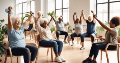 Create an image of a diverse group of people of various ages and abilities sitting in chairs, engaged in simple exercises. Some individuals are stretching their arms, others are lifting light weights,