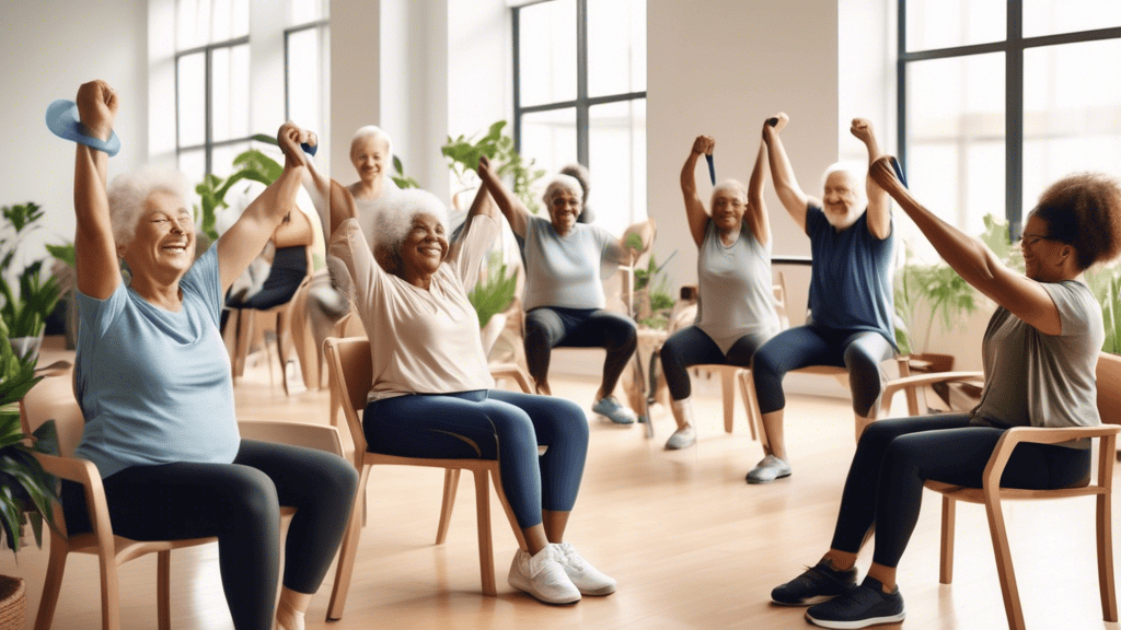 Create an image of a diverse group of people of various ages and abilities sitting in chairs, engaged in simple exercises. Some individuals are stretching their arms, others are lifting light weights,