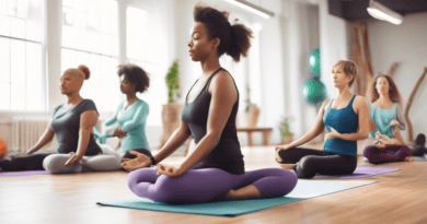 Create an image focusing on a calm, indoor environment featuring a diverse group of people performing exercises designed to improve posture and reduce back pain. Have some individuals engaging in yoga