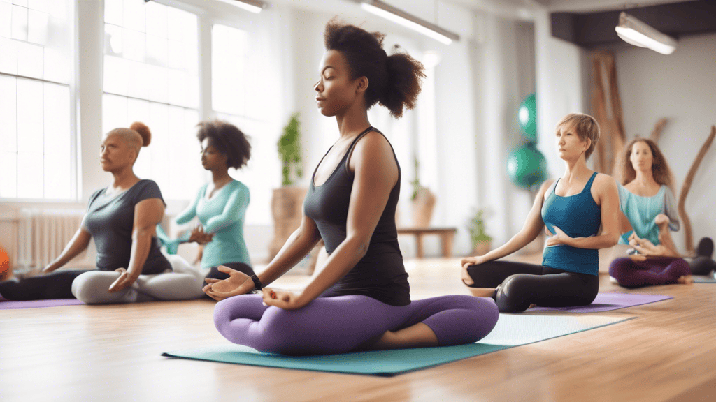 Create an image focusing on a calm, indoor environment featuring a diverse group of people performing exercises designed to improve posture and reduce back pain. Have some individuals engaging in yoga